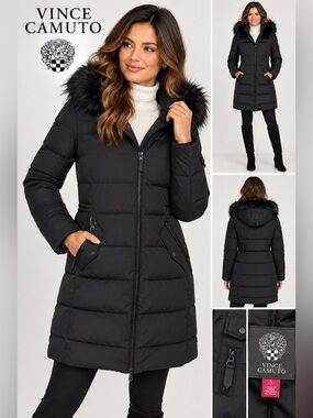 Vince Camuto Black Heavy Down Puffer Coat Faux Fur Hood NWT S